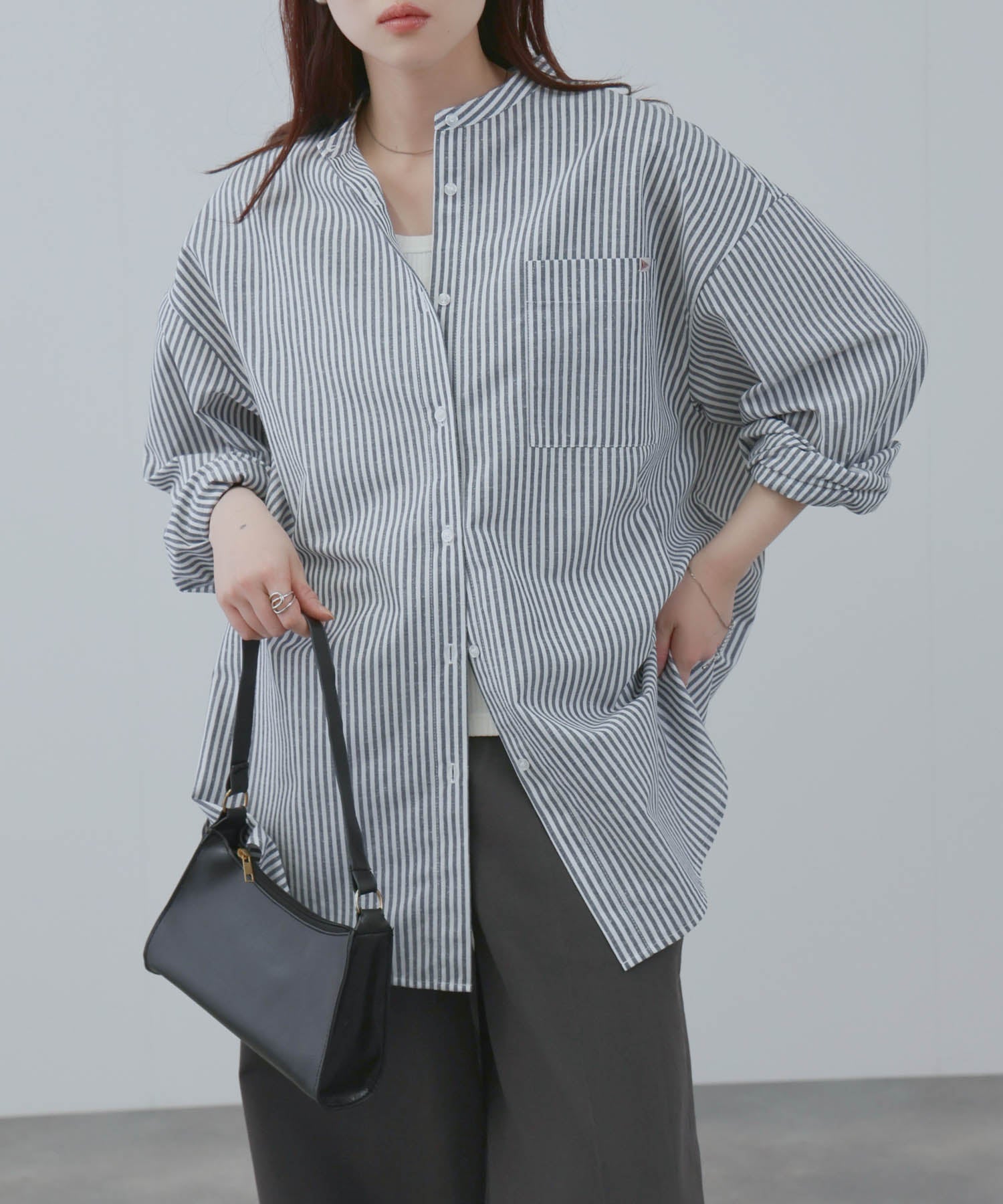 NAVY リネンブレンド バンドカラールーズシャツ レディース