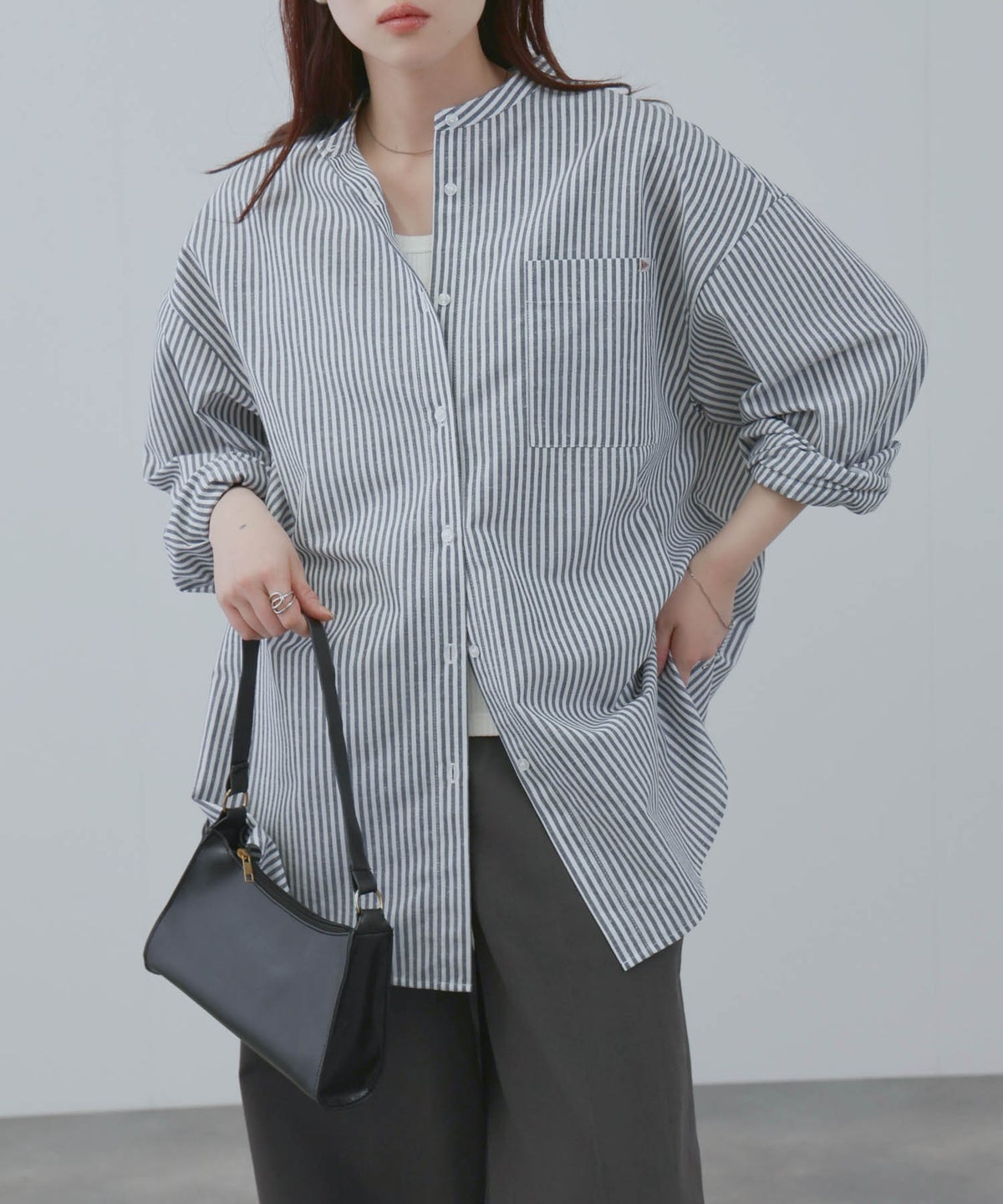 NAVY リネンブレンド バンドカラールーズシャツ レディース