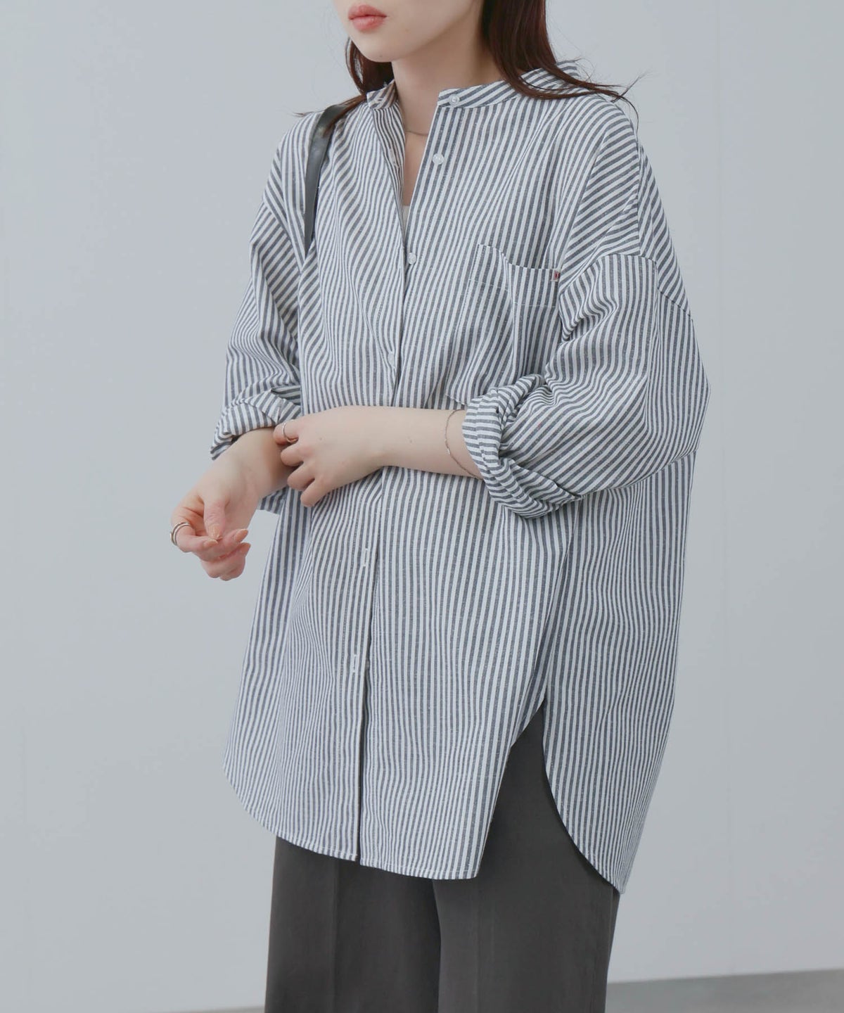 NAVY リネンブレンド バンドカラールーズシャツ レディース