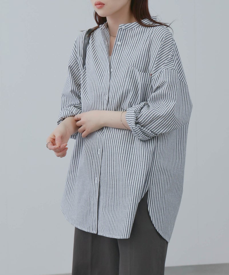 NAVY リネンブレンド バンドカラールーズシャツ レディース商品画像-5