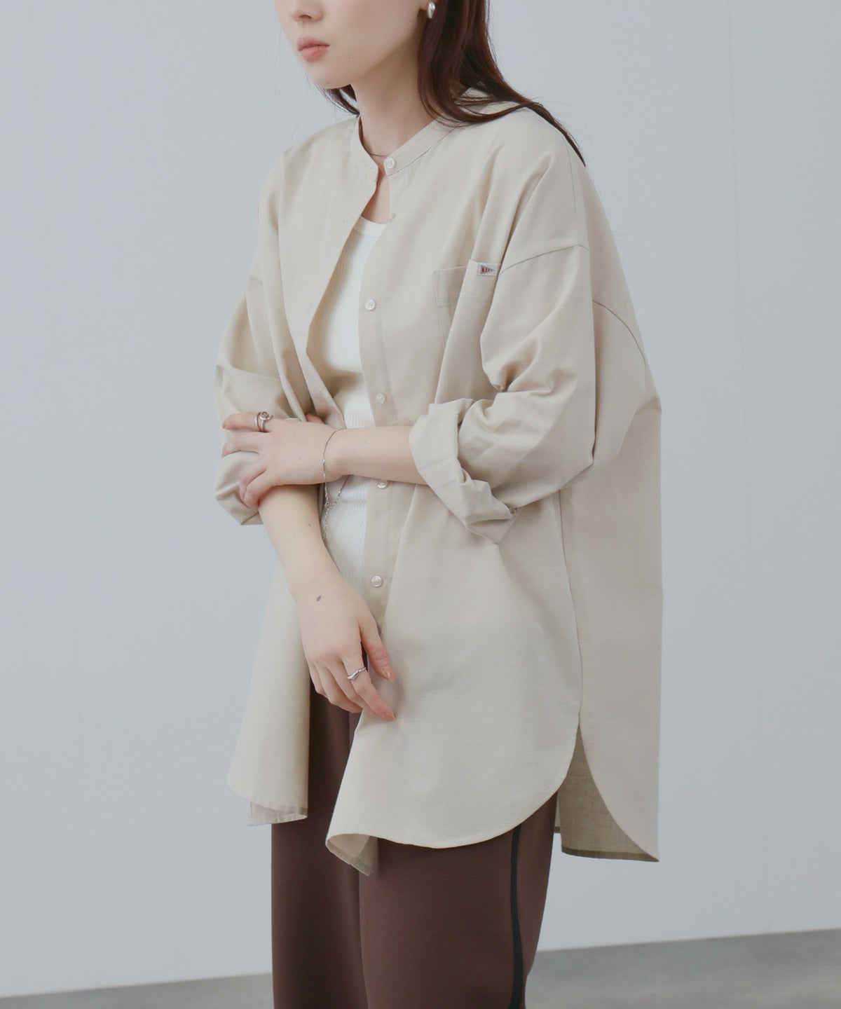 NAVY リネンブレンド バンドカラールーズシャツ レディース