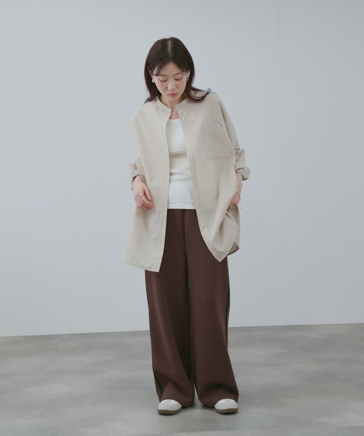 NAVY リネンブレンド バンドカラールーズシャツ レディース