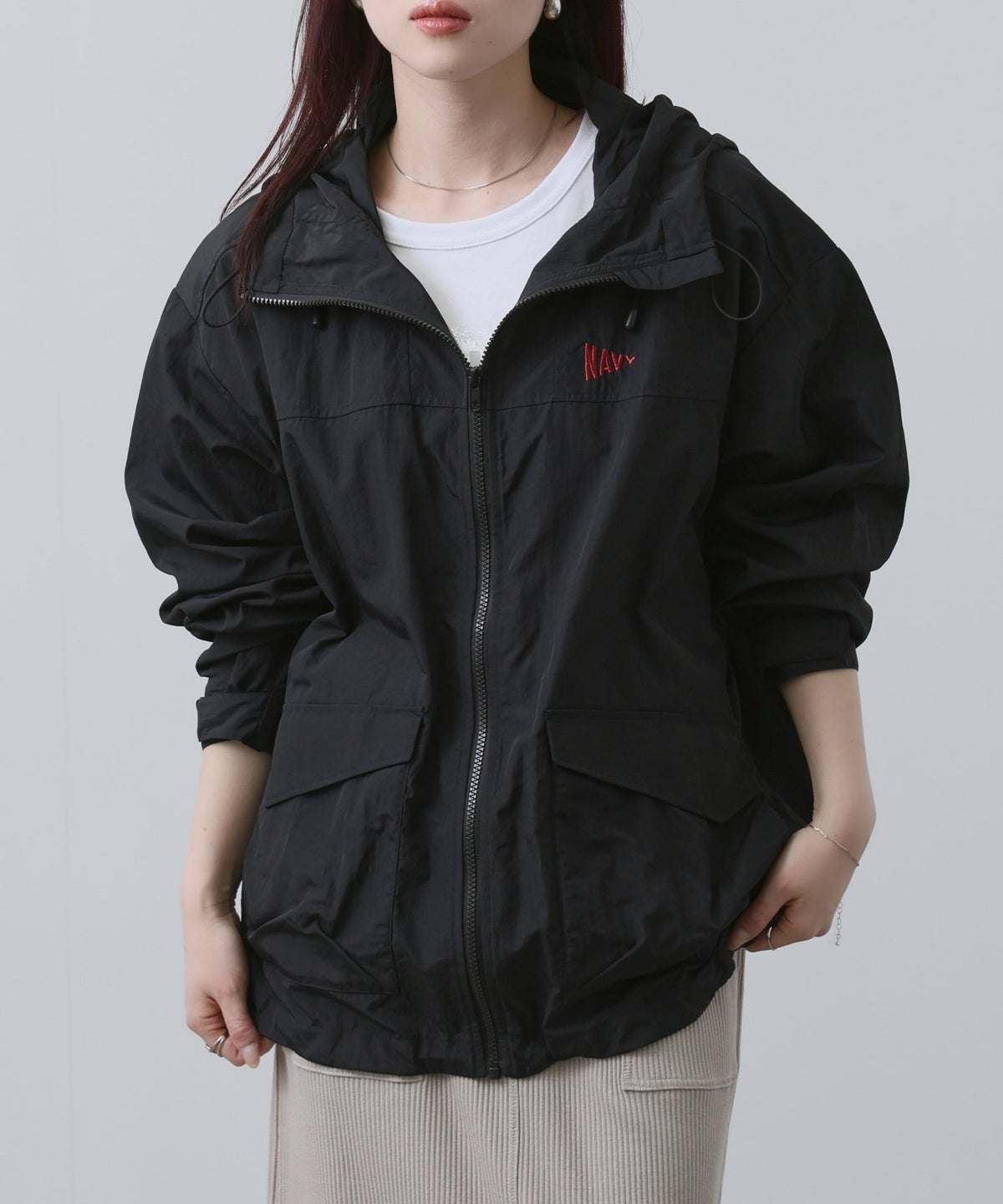 NAVY ワンポイント刺繍 ナイロン ビッグシルエット ZIPフーディブルゾン レディース