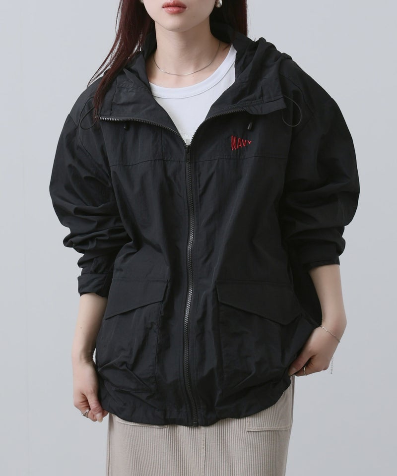 NAVY ワンポイント刺繍 ナイロン ビッグシルエット ZIPフーディブルゾン レディース商品画像-2