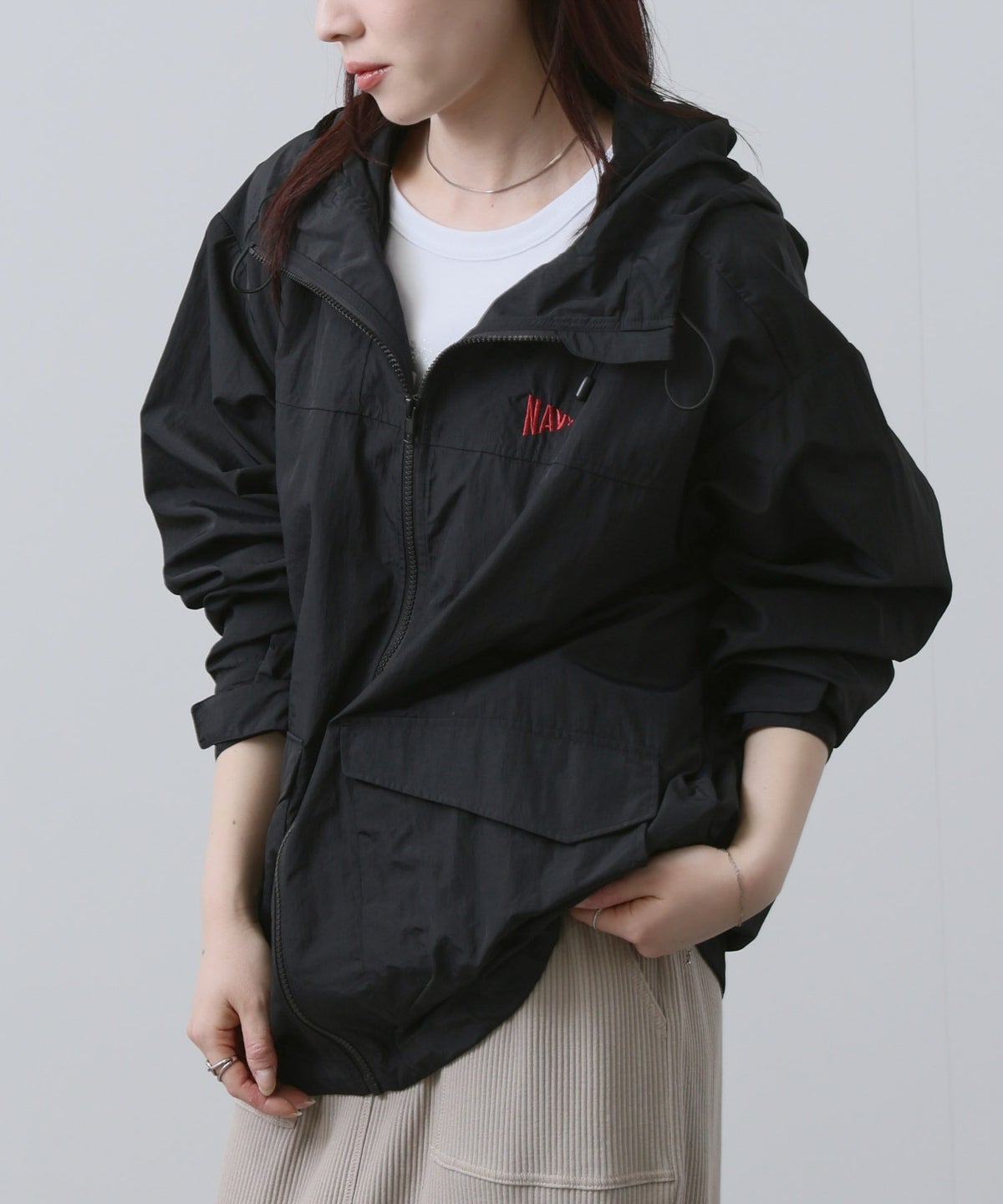 NAVY ワンポイント刺繍 ナイロン ビッグシルエット ZIPフーディブルゾン レディース