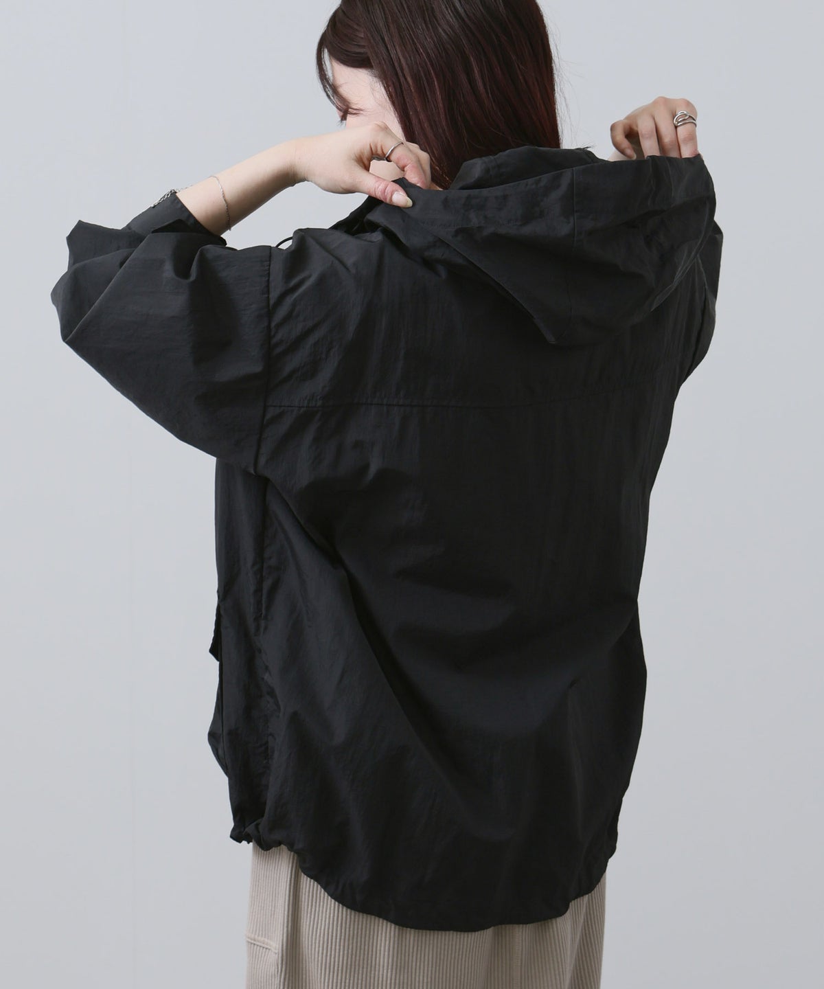 NAVY ワンポイント刺繍 ナイロン ビッグシルエット ZIPフーディブルゾン レディース