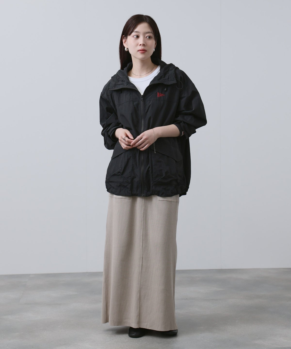 NAVY ワンポイント刺繍 ナイロン ビッグシルエット ZIPフーディブルゾン レディース