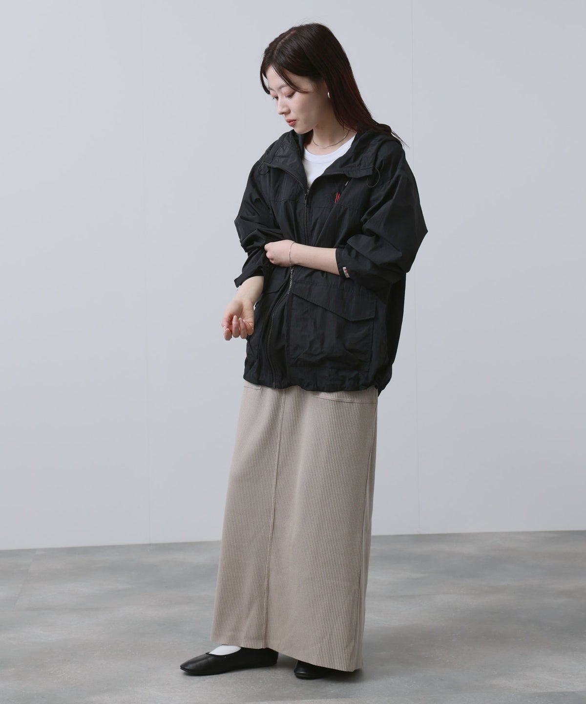 NAVY ワンポイント刺繍 ナイロン ビッグシルエット ZIPフーディブルゾン レディース