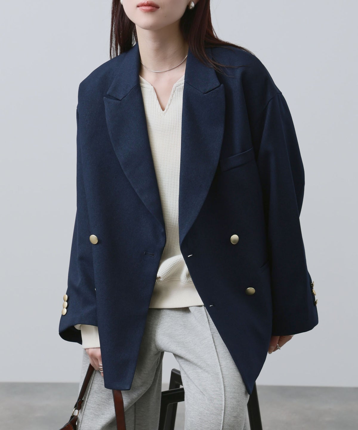 NAVY ビッグシルエット テーラード ダブルジャケット レディース