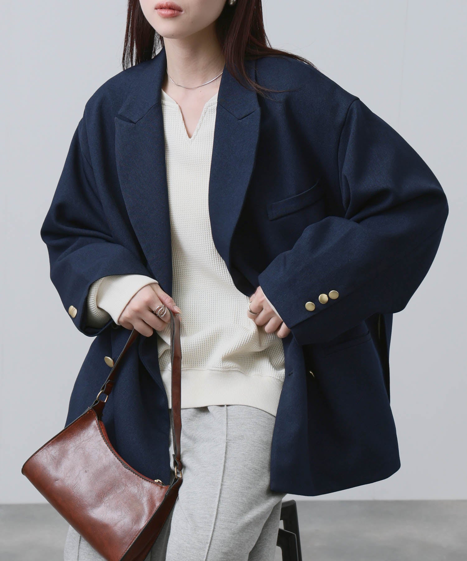 NAVY ビッグシルエット テーラード ダブルジャケット レディース