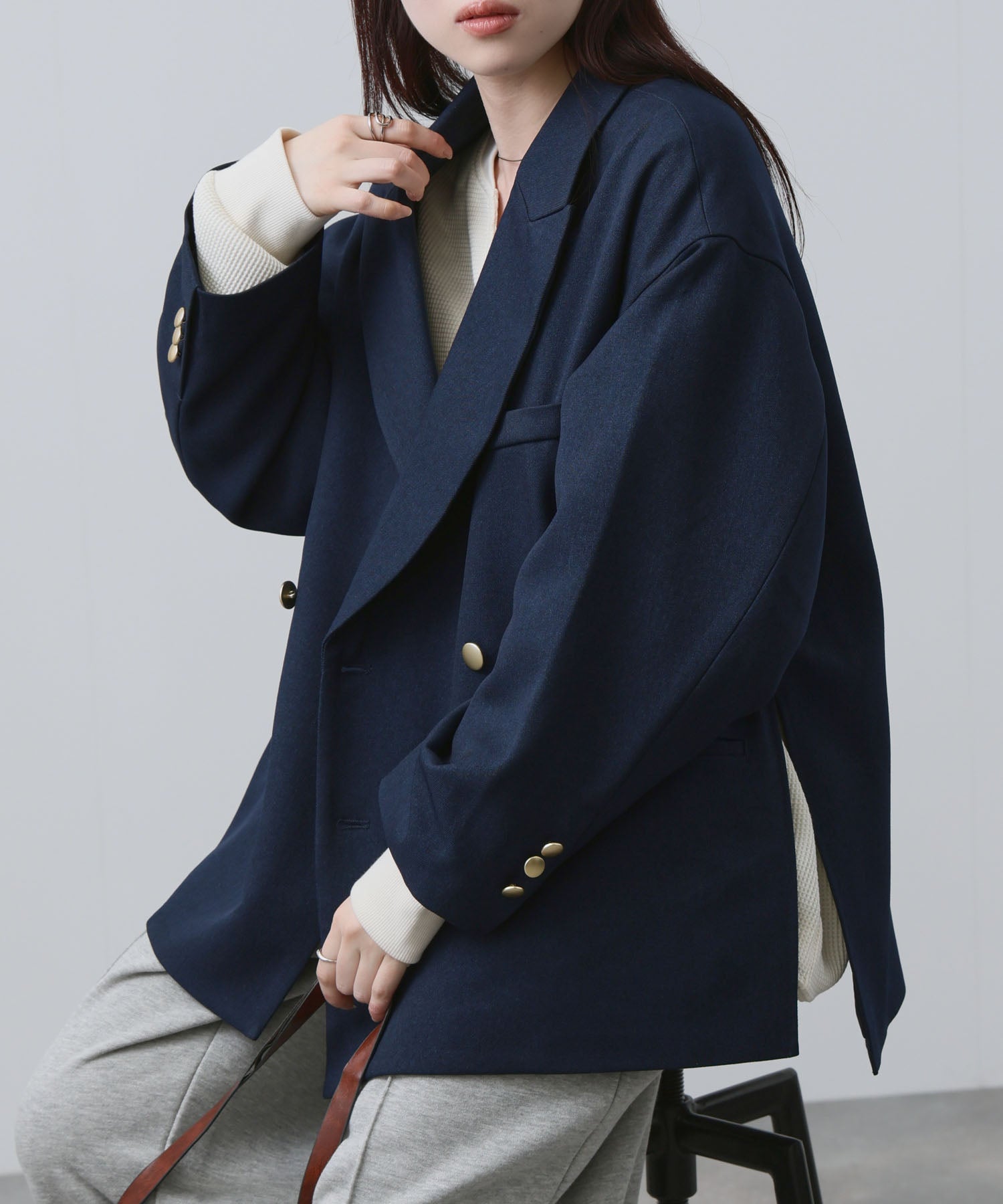 NAVY ビッグシルエット テーラード ダブルジャケット レディース