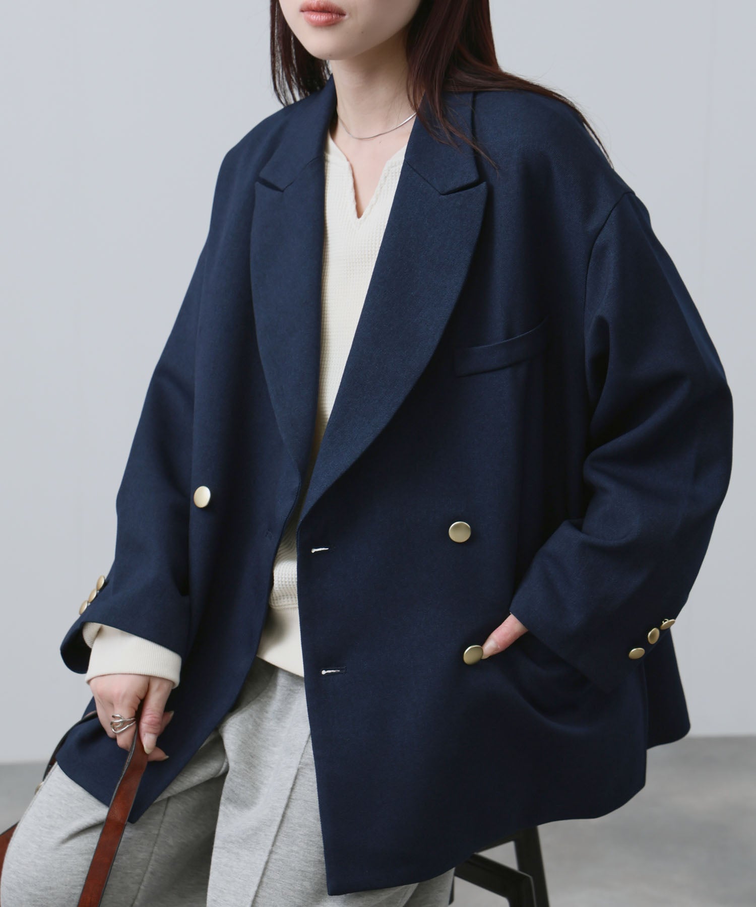 コヒナ　テーラードジャケット ダブルボタン　ネイビー NAVY ビッグシルエット テーラード ダブルジャケット レディース