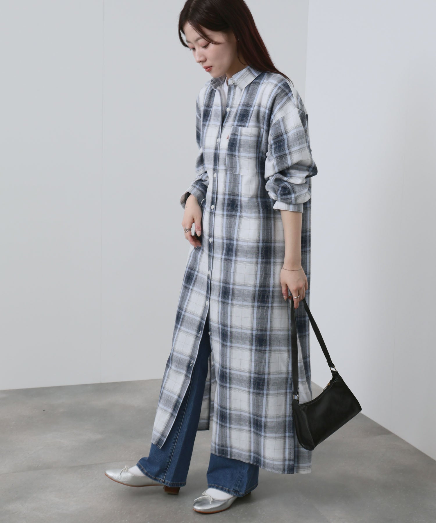 チェック柄　シャツワンピース NAVY チェック柄シャツワンピース レディース