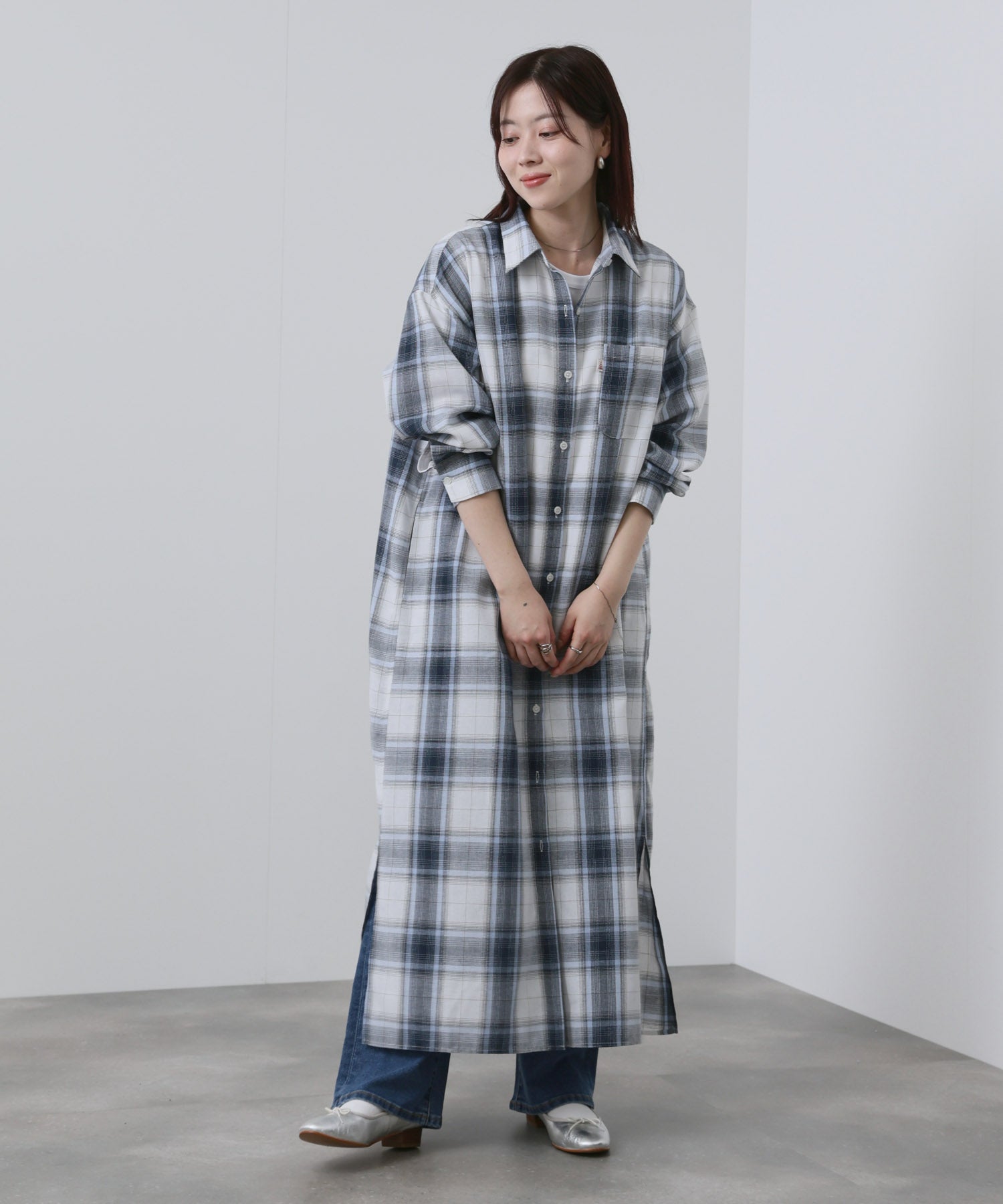 NAVY チェック柄シャツワンピース レディース