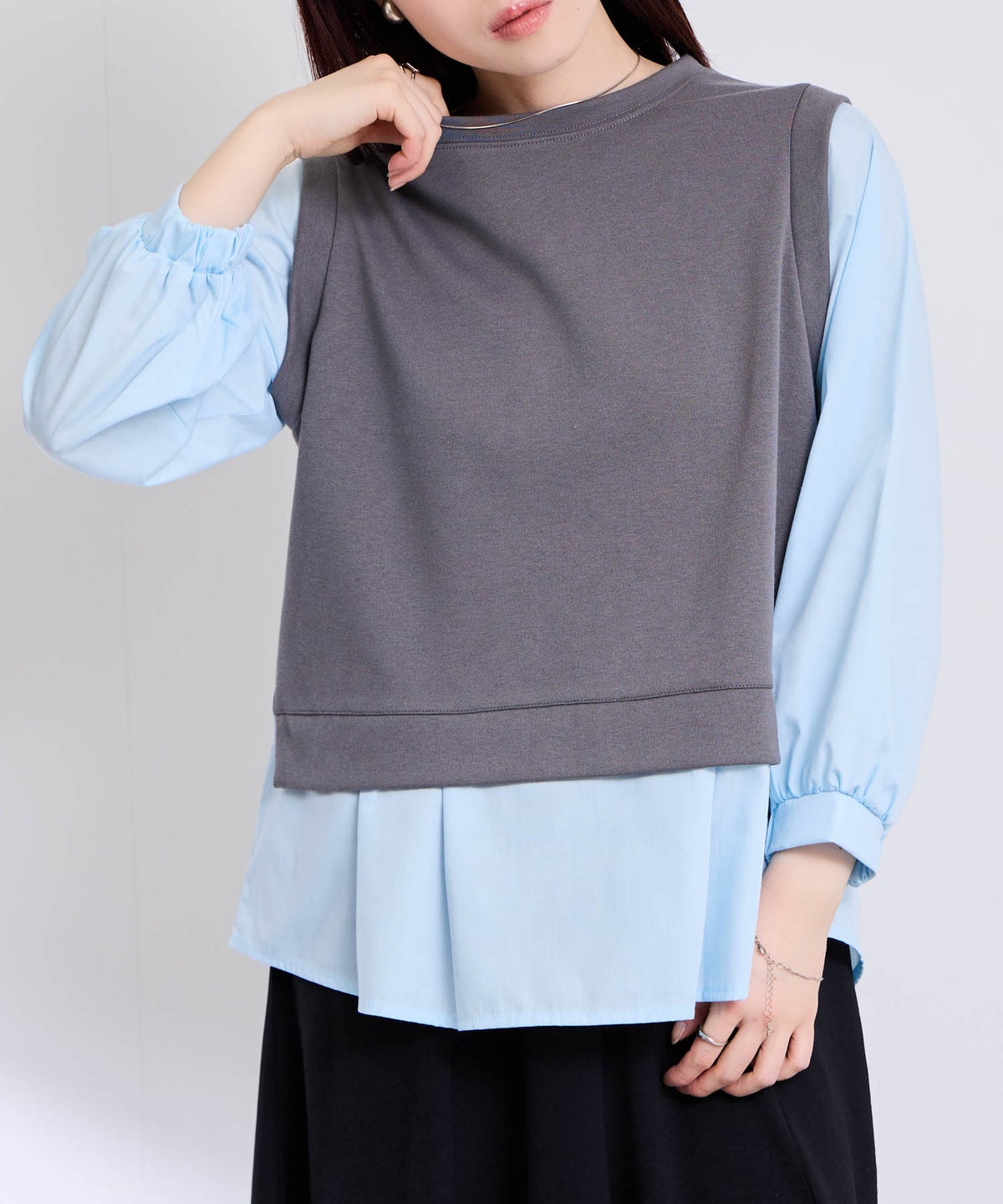 [期間限定価格]Free Nature レイヤード調プルオーバー 布帛切替【忙しい朝も可愛く決まる♪】 レディース