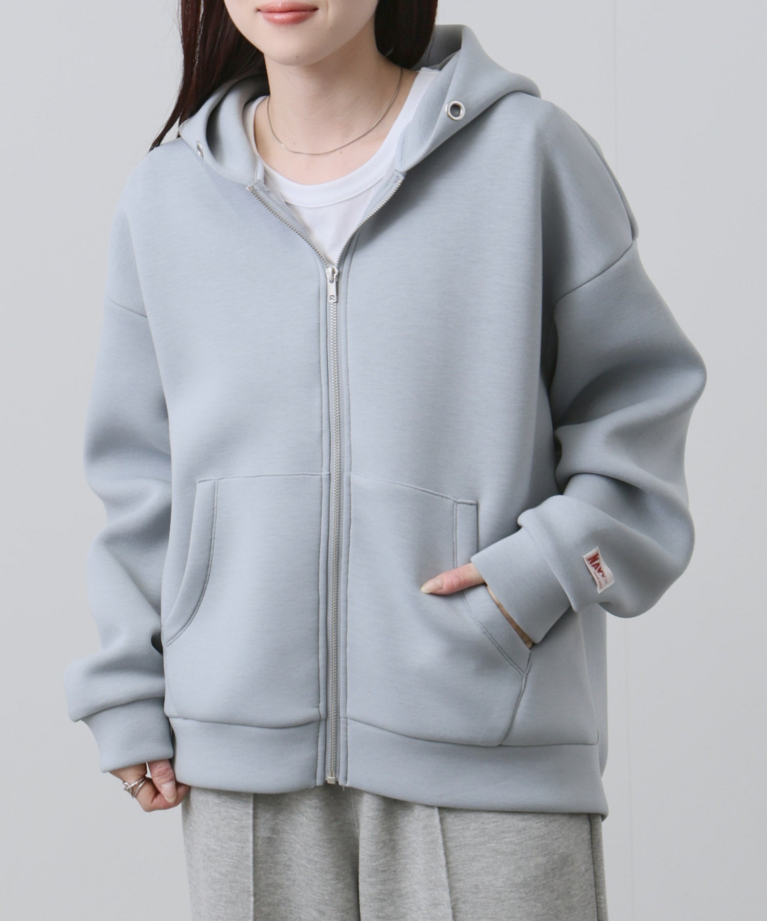 【新品】DouDouグレー フード付きジップアップパーカー　ダンボール素材 NAVY ダンボール素材ジップパーカー レディース
