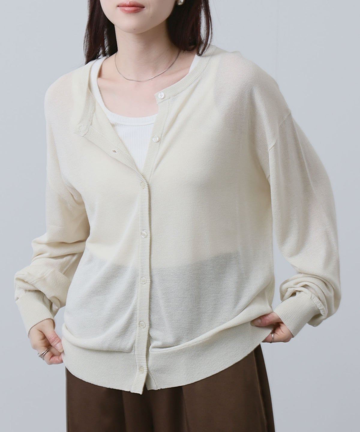 NAVY シアーニットクルーネックカーディガン レディース