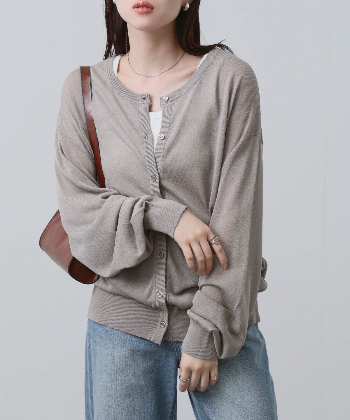 NAVY シアーニットクルーネックカーディガン レディース