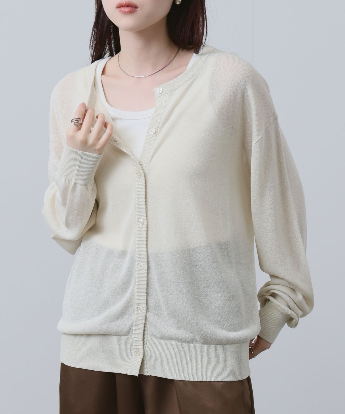 NAVY シアーニットクルーネックカーディガン レディース