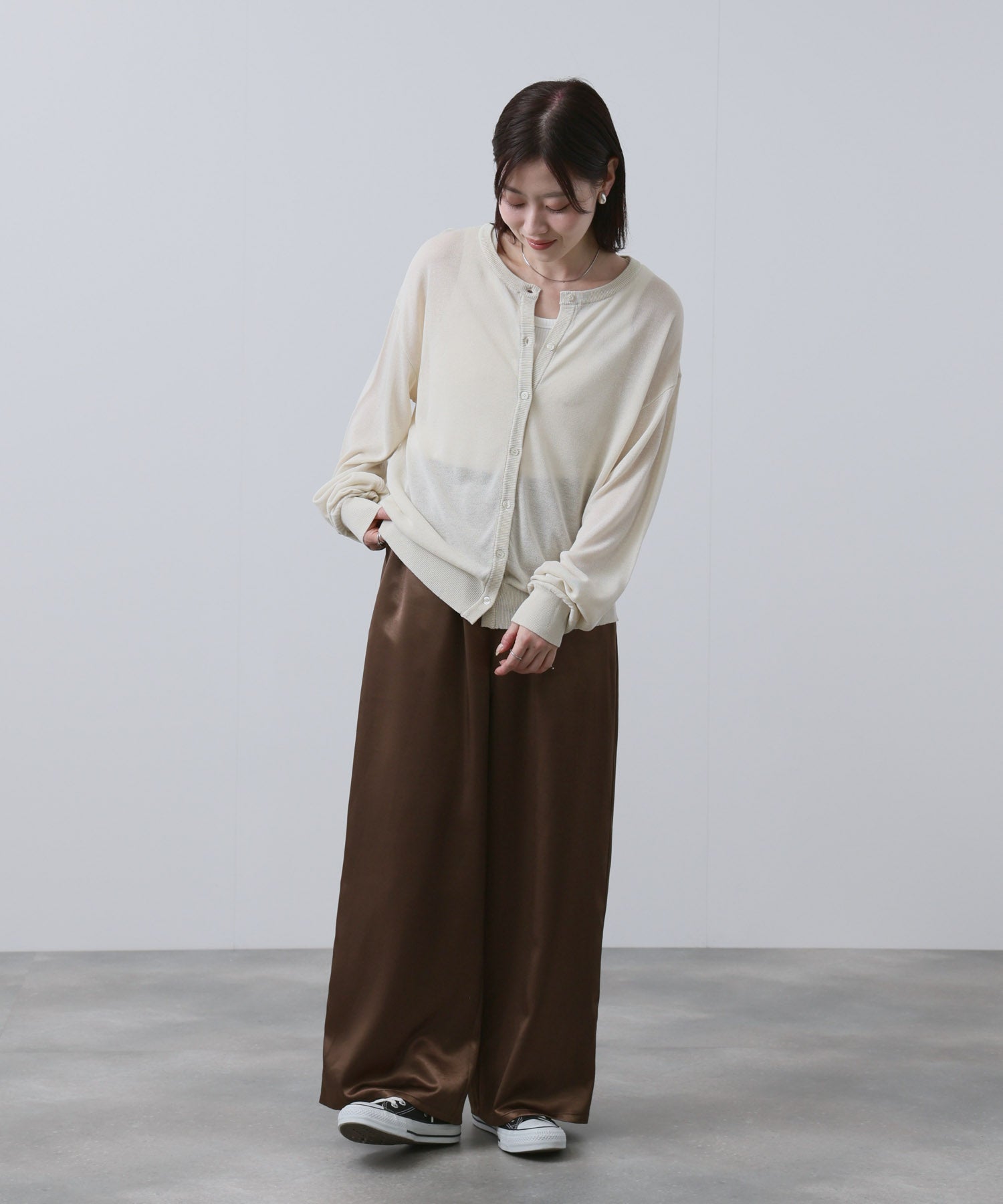 NAVY シアーニットクルーネックカーディガン レディース