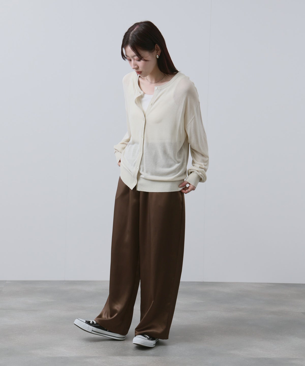 NAVY シアーニットクルーネックカーディガン レディース