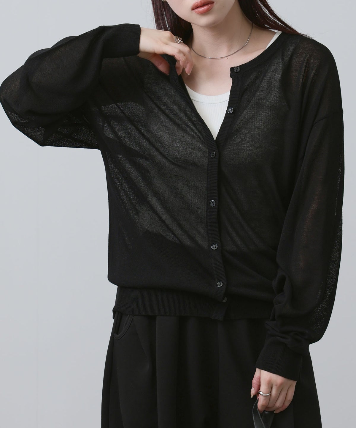 NAVY シアーニットクルーネックカーディガン レディース