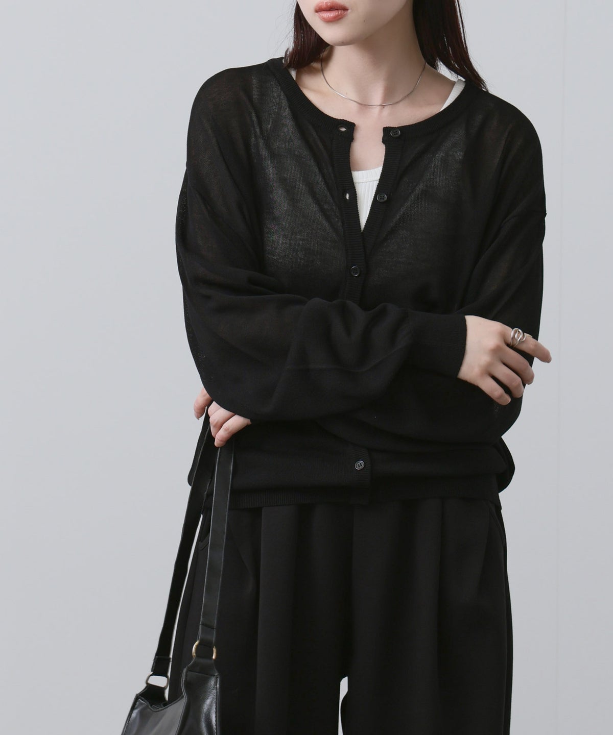 NAVY シアーニットクルーネックカーディガン レディース