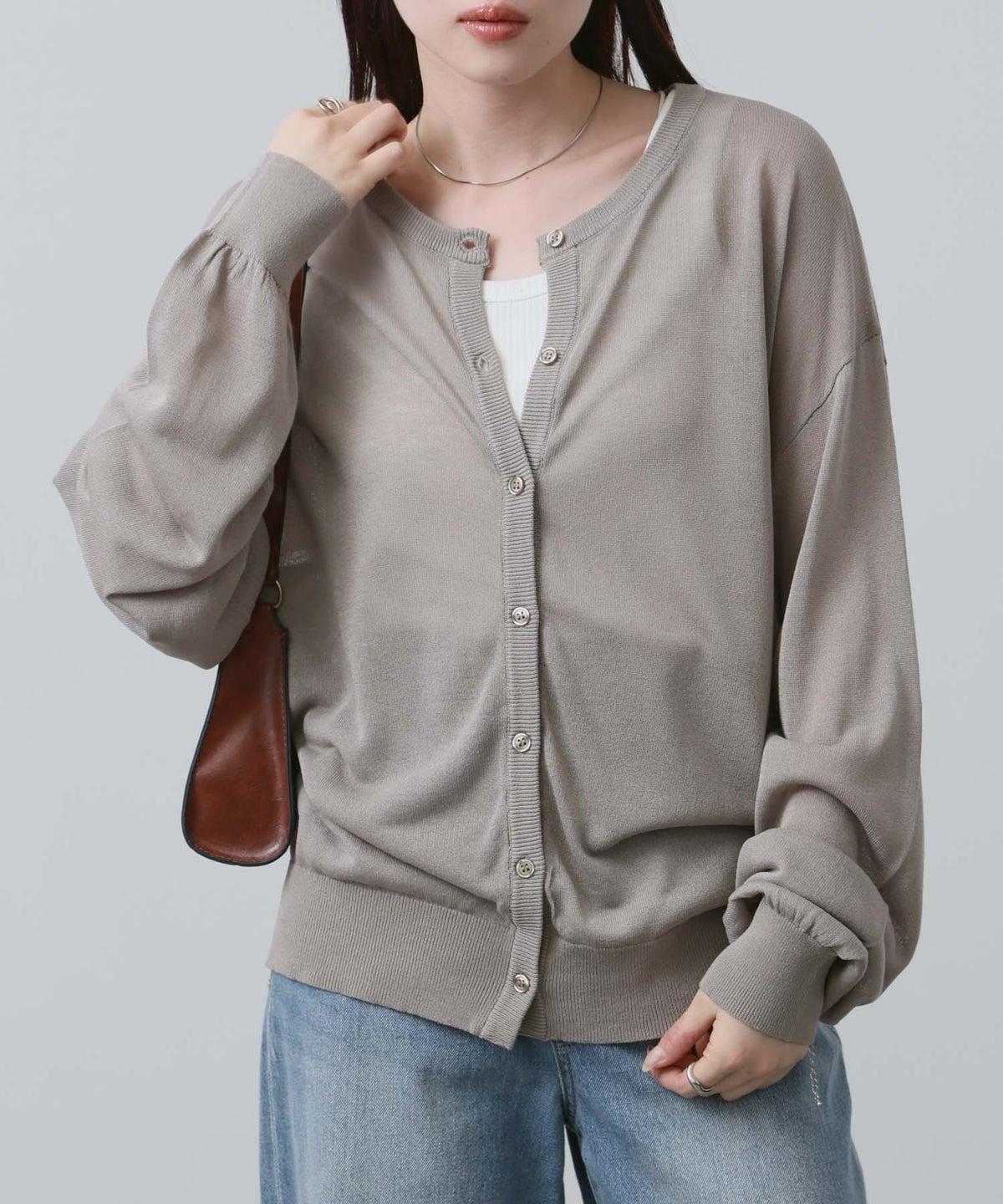 NAVY シアーニットクルーネックカーディガン レディース