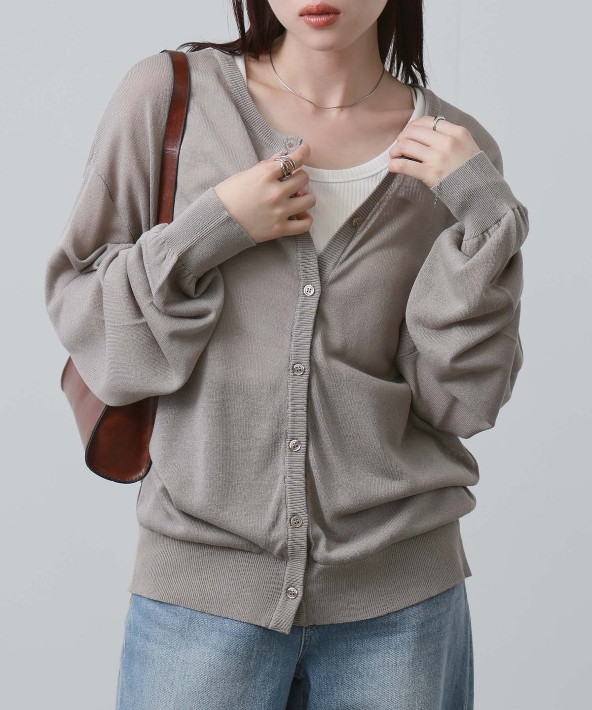 NAVY シアーニットクルーネックカーディガン レディース