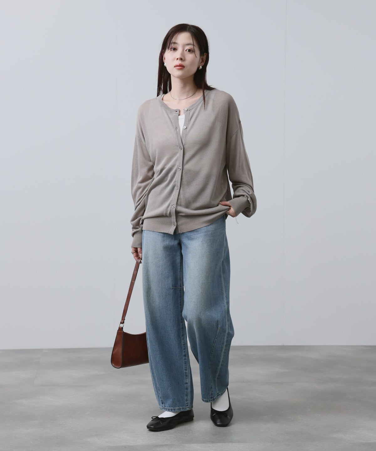 NAVY シアーニットクルーネックカーディガン レディース