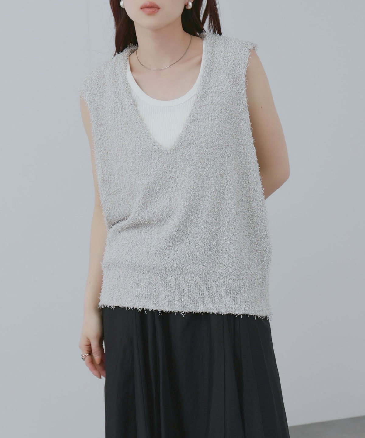  [期間限定価格]Free Nature テープヤーンVネックニットベスト レディース