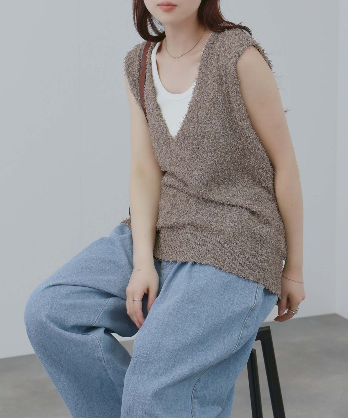  [期間限定価格]Free Nature テープヤーンVネックニットベスト レディース