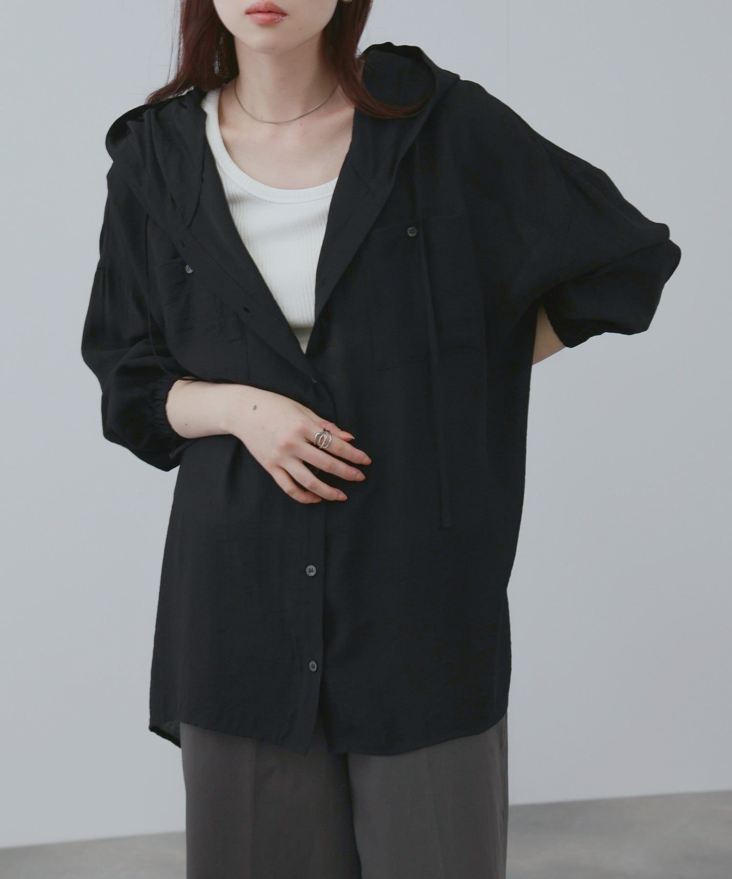 NAVY フード付きシアーシャツ レディース
