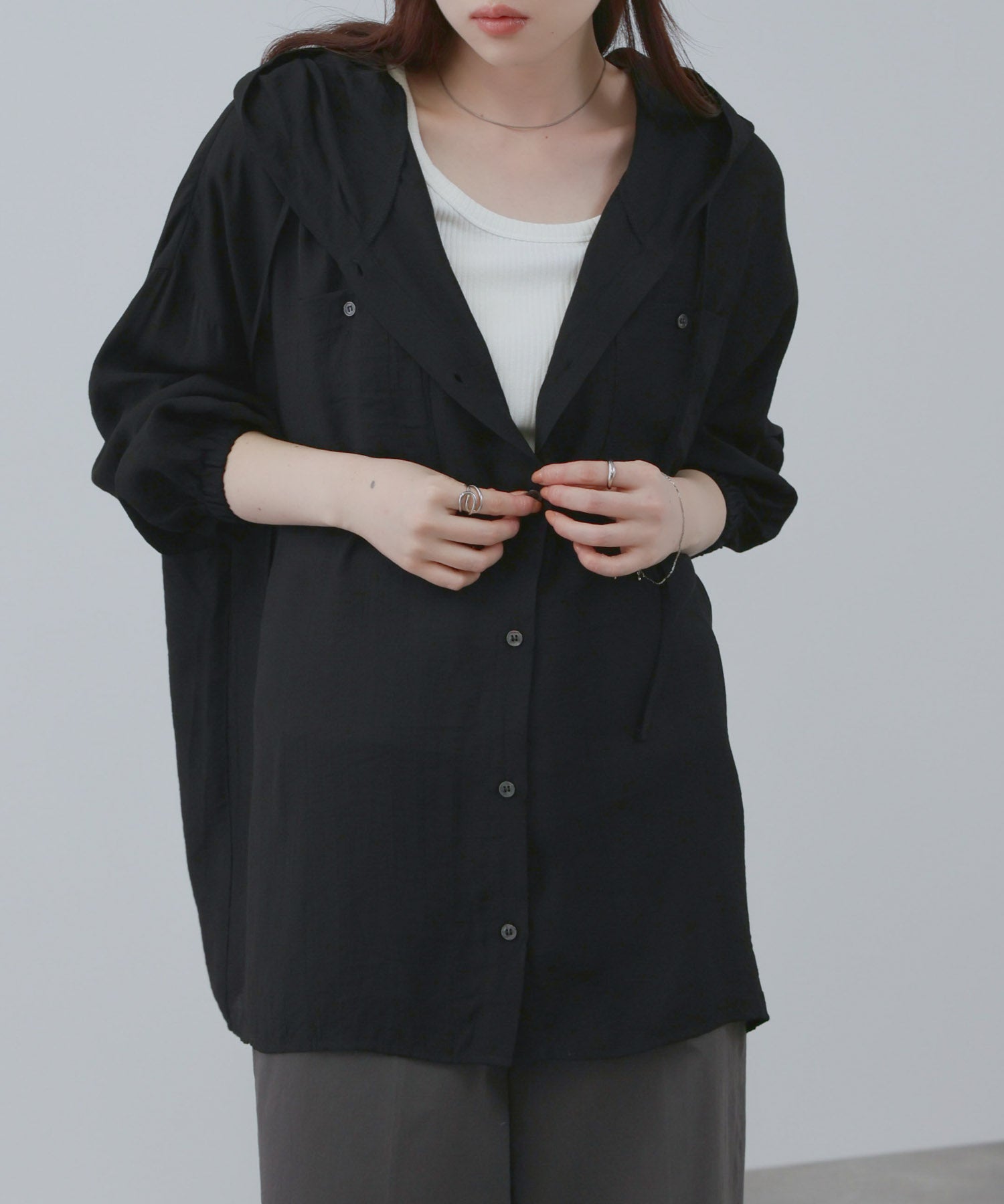 NAVY フード付きシアーシャツ レディース