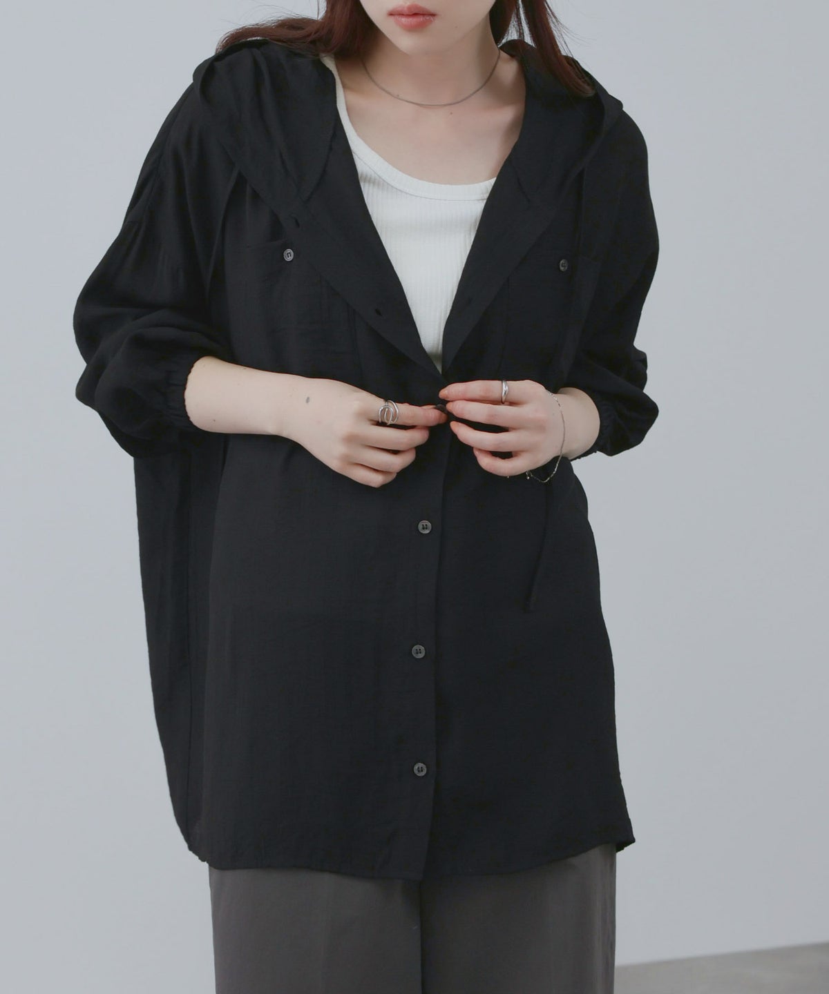 NAVY フード付きシアーシャツ レディース