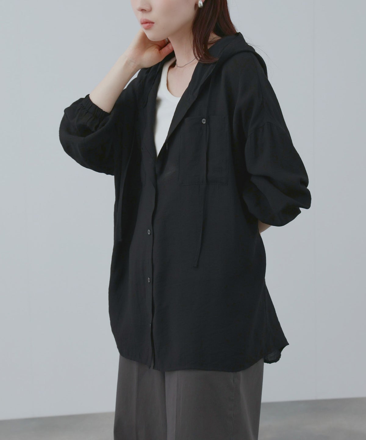 NAVY フード付きシアーシャツ レディース