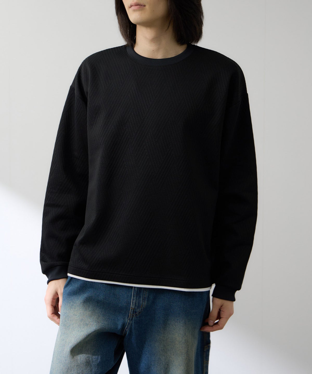 URBAN COLLECTION 膨れジャガード フェイククルーネック長袖Tシャツ メンズ