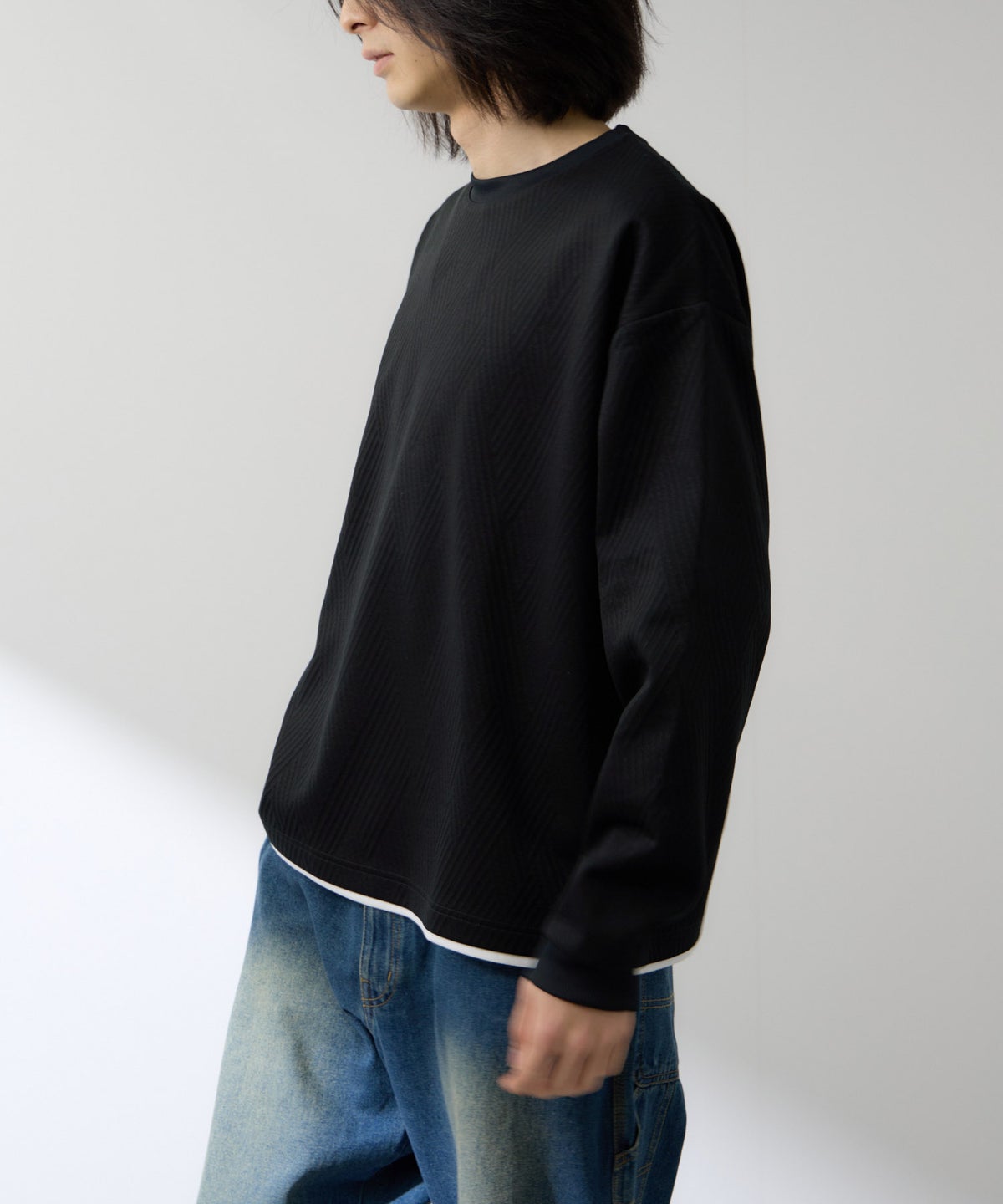 URBAN COLLECTION 膨れジャガード フェイククルーネック長袖Tシャツ メンズ