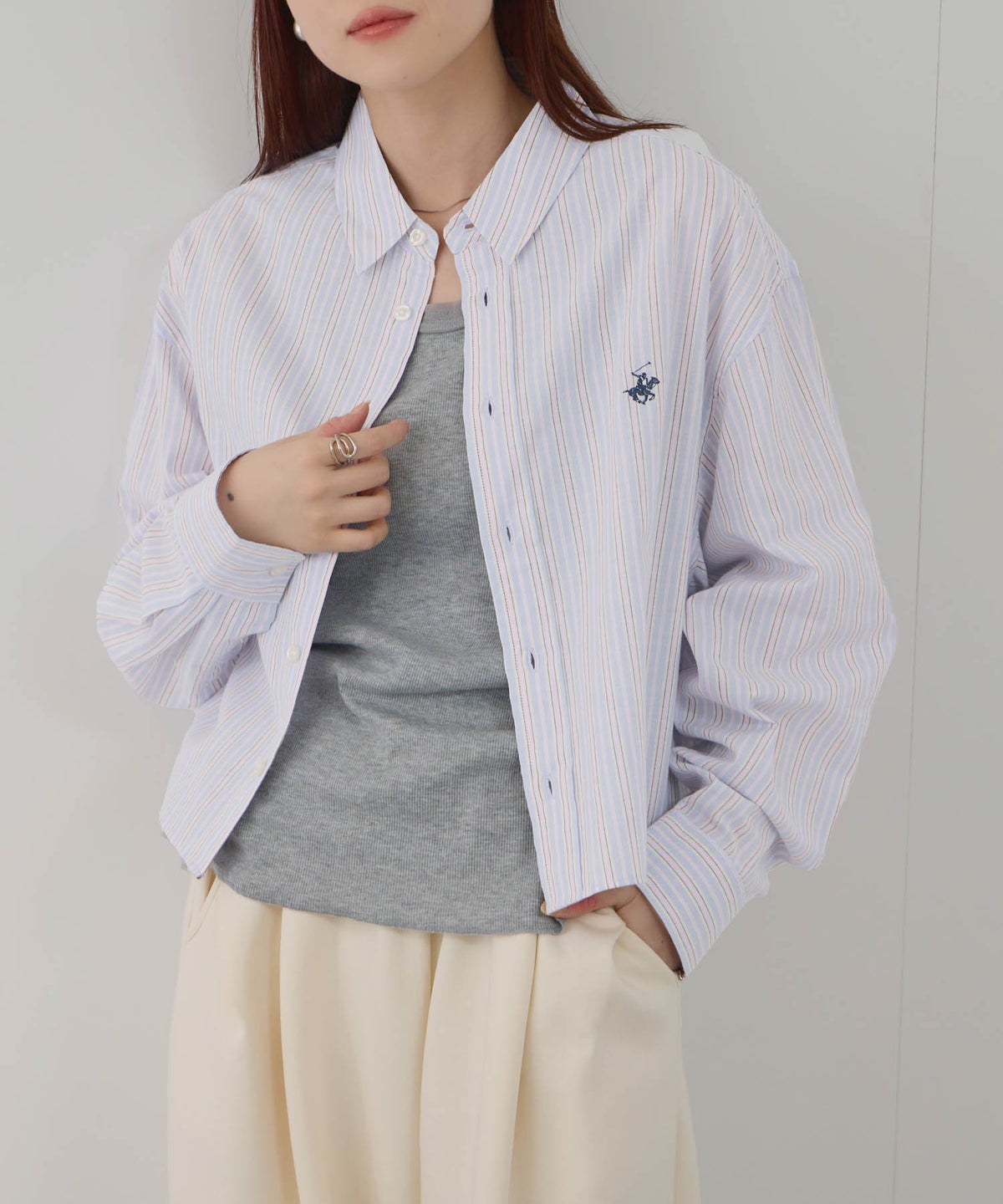 BEVERLY HILLS POLO CLUB ショート丈コットン長袖シャツ ワンポイント刺繍 レディース