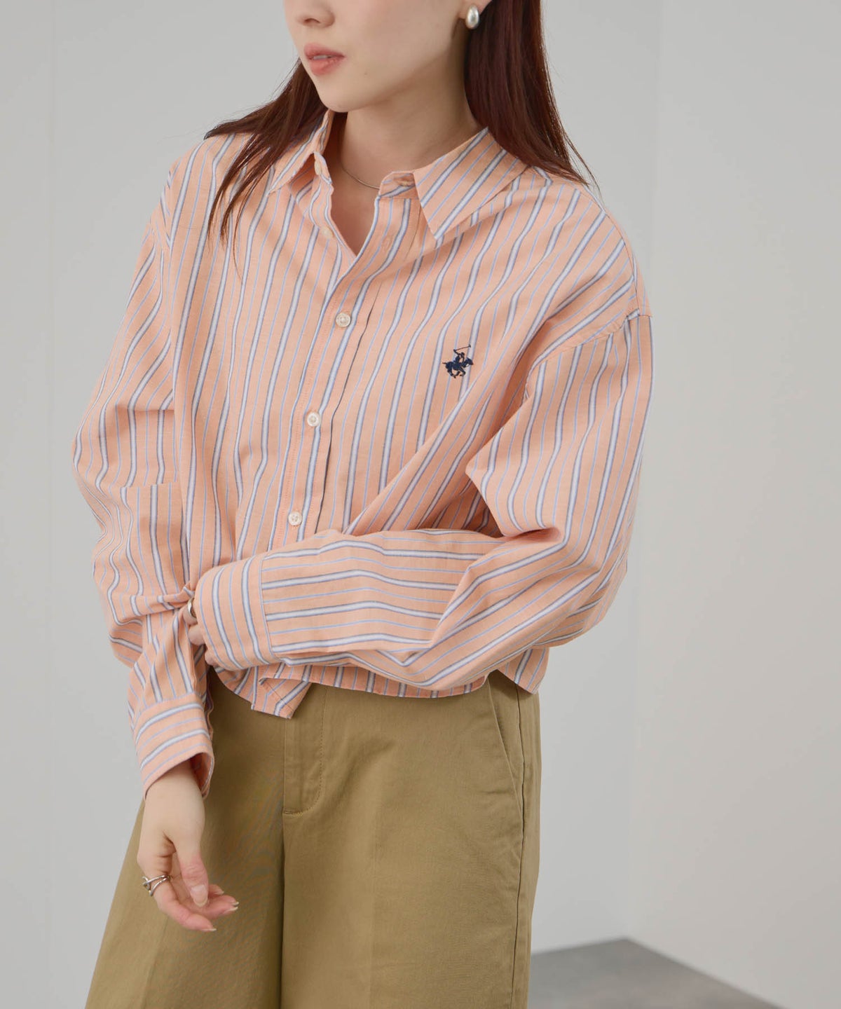 BEVERLY HILLS POLO CLUB ショート丈コットン長袖シャツ ワンポイント刺繍 レディース