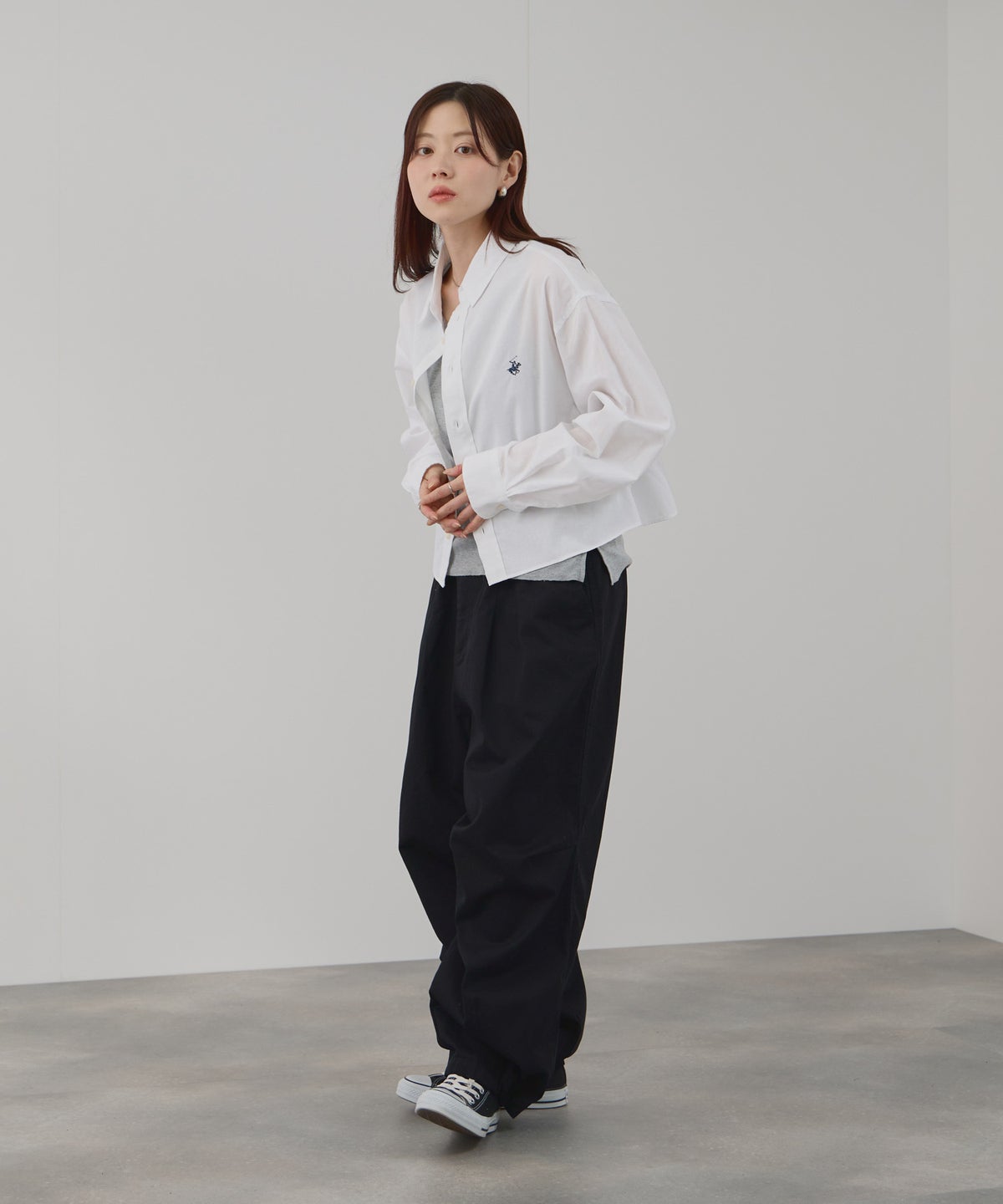 BEVERLY HILLS POLO CLUB ショート丈コットン長袖シャツ ワンポイント刺繍 レディース