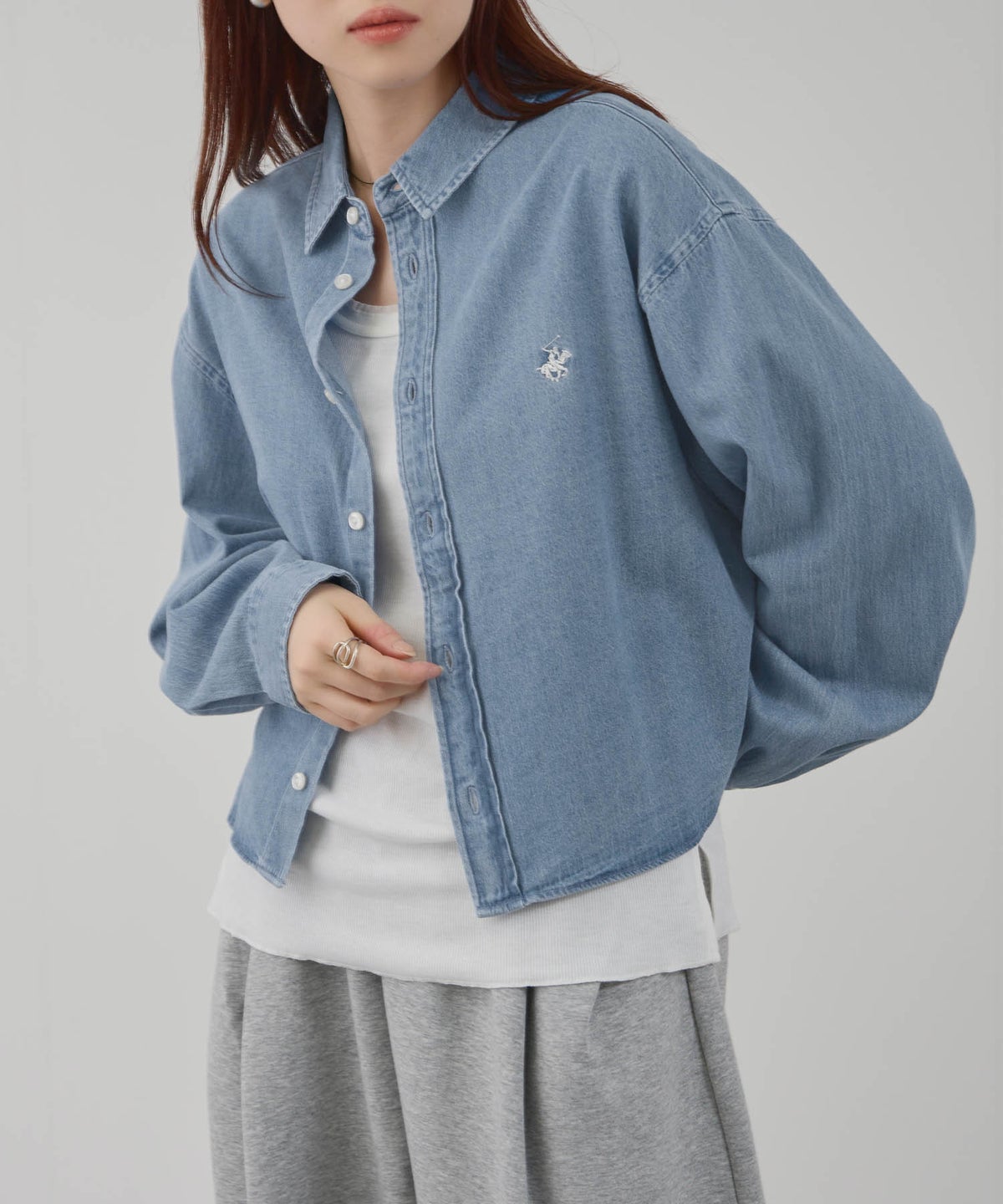 BEVERLY HILLS POLO CLUB ショート丈コットン長袖シャツ ワンポイント刺繍 レディース