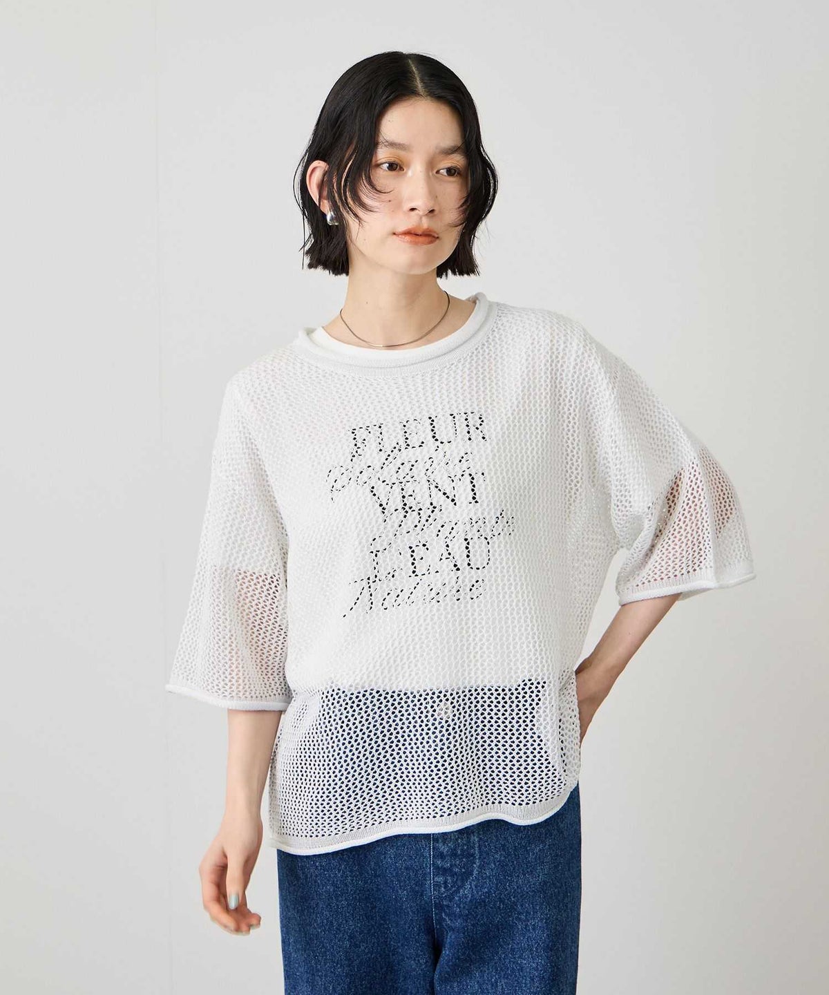 Idnes ラメメッシュ クロップド 半袖ニット レディース