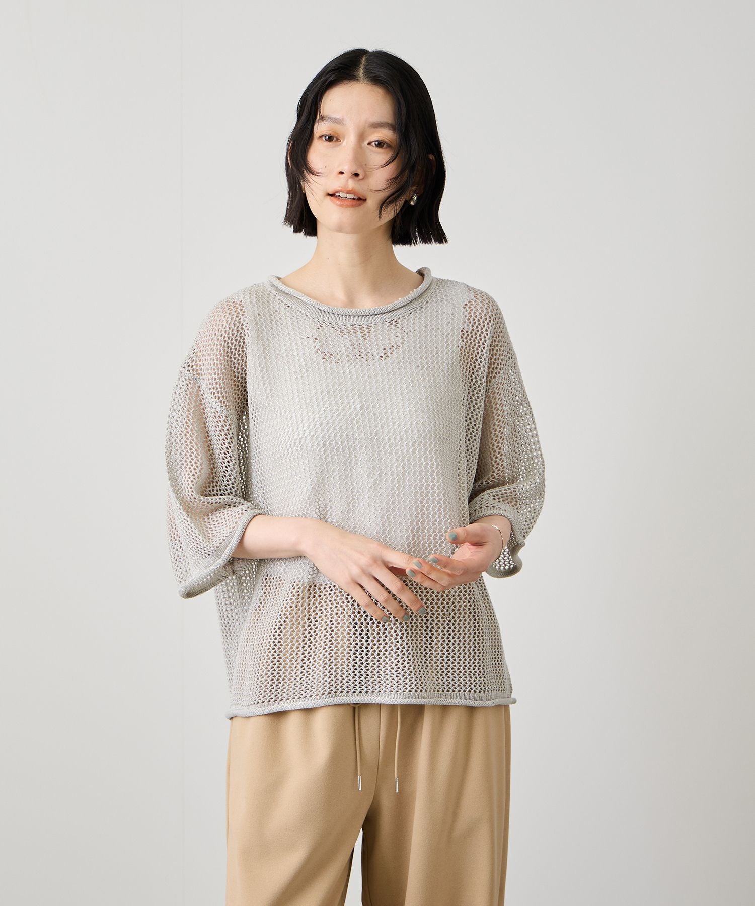 Idnes ラメメッシュ クロップド 半袖ニット レディース