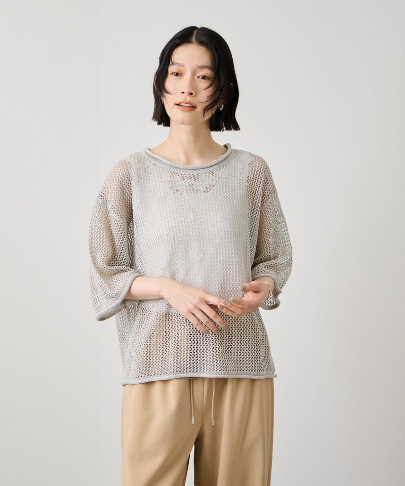 Idnes  ラメメッシュ クロップド 半袖ニット レディース商品画像-2