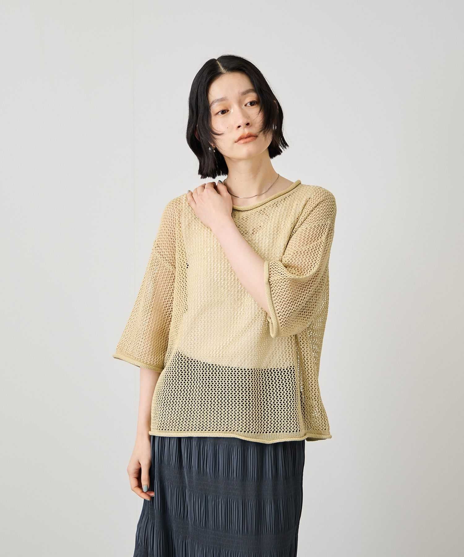 Idnes ラメメッシュ クロップド 半袖ニット レディース