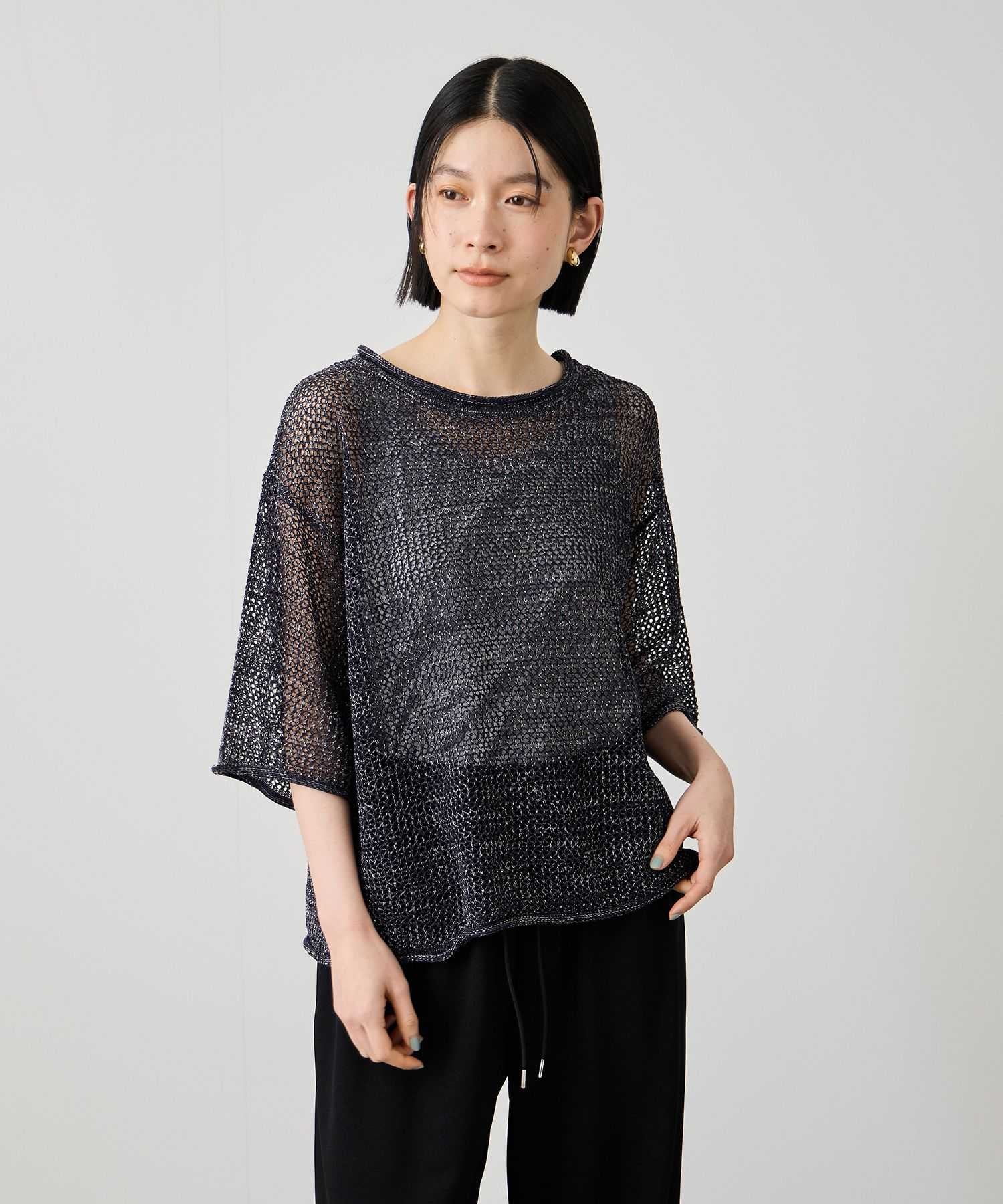 Idnes ラメメッシュ クロップド 半袖ニット レディース