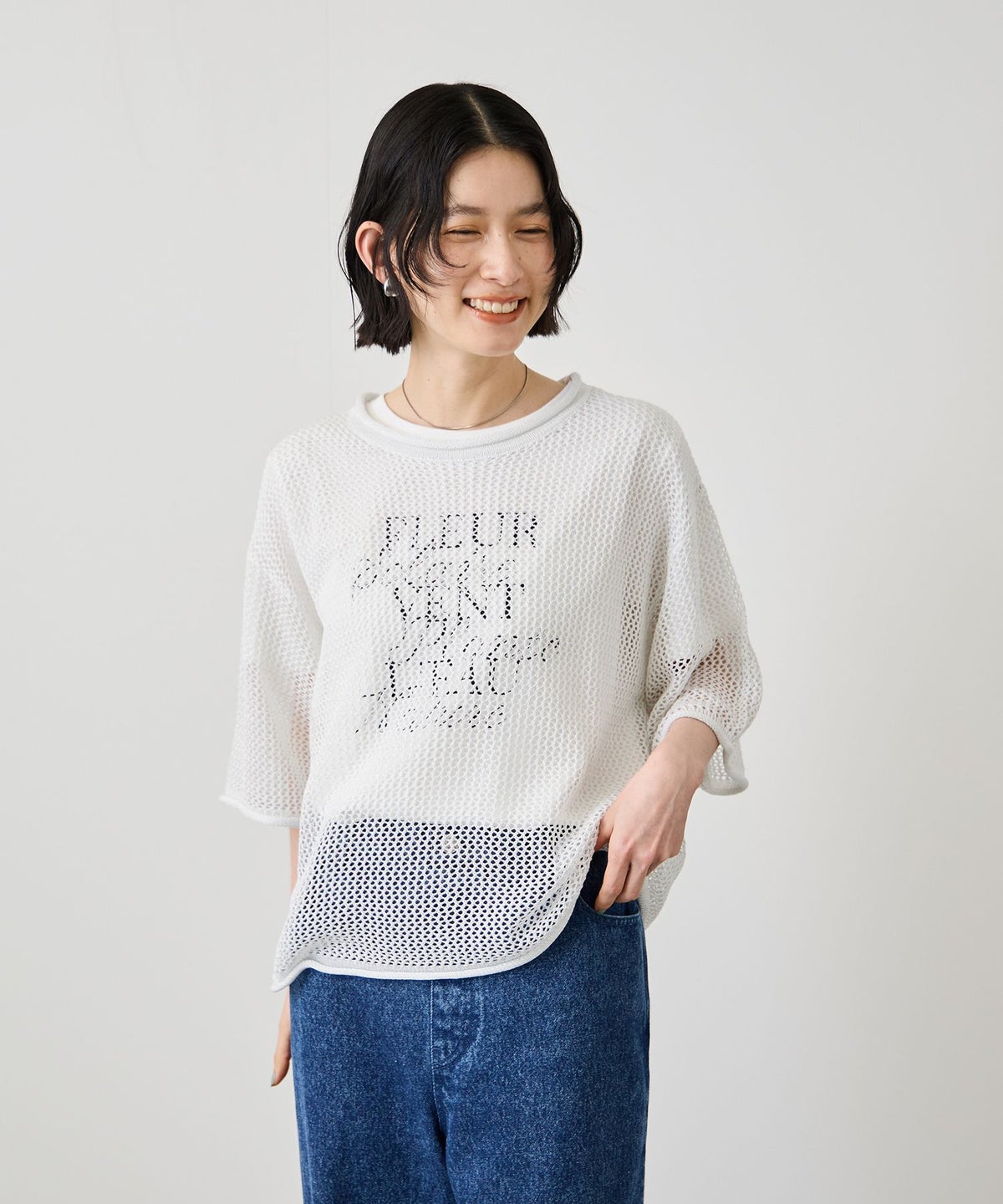 Idnes ラメメッシュ クロップド 半袖ニット レディース