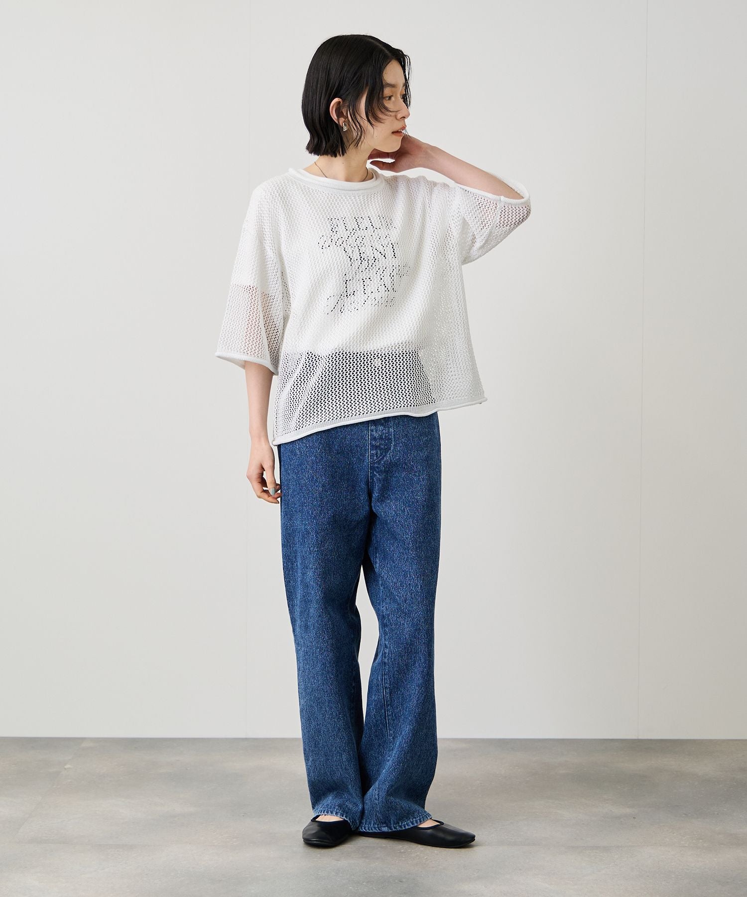 Idnes ラメメッシュ クロップド 半袖ニット レディース