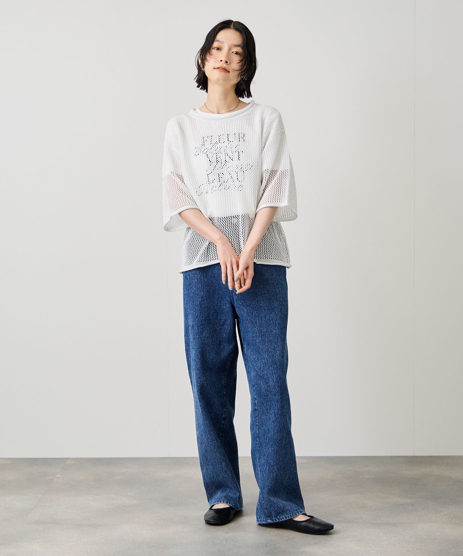 Idnes ラメメッシュ クロップド 半袖ニット レディース